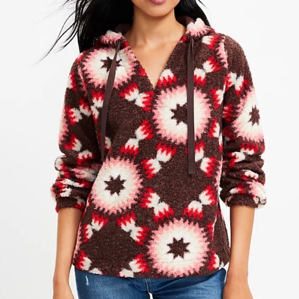 Ann Taylor LOFT Brown Pink Sherpa Fleece Native Boho V-Neck Hoodie Pullover XS